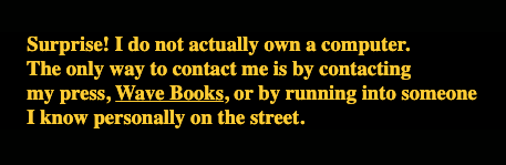 a screenshot of the contact page from Mary Ruefle's website, beginning "Surprise! I do not actually own a computer"